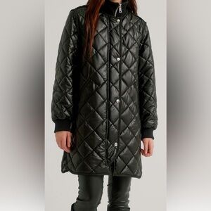 Nikki Jones Women’s Vegan Leather Zip Front Diamond Quilted Black Coat Size XS